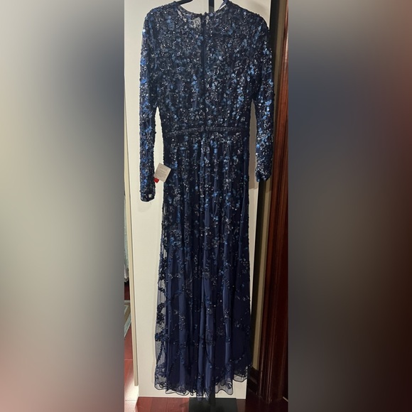 Lattice sequined illusion neckline long sleeve A-line gown - Picture 9 of 10